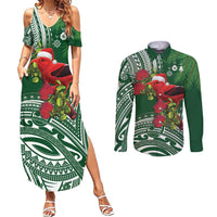 Christmas Hawaii with I'iwi Bird Couples Matching Summer Maxi Dress and Long Sleeve Button Shirt Aloha Mele Kalikimaka - Green Art LT9 Green - Polynesian Pride
