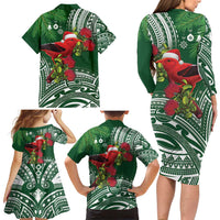 Christmas Hawaii with I'iwi Bird Family Matching Long Sleeve Bodycon Dress and Hawaiian Shirt Aloha Mele Kalikimaka - Green Art LT9 - Polynesian Pride