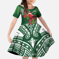 Christmas Hawaii with I'iwi Bird Family Matching Off Shoulder Maxi Dress and Hawaiian Shirt Aloha Mele Kalikimaka - Green Art LT9 Daughter's Dress Green - Polynesian Pride