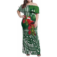 Christmas Hawaii with I'iwi Bird Family Matching Off Shoulder Maxi Dress and Hawaiian Shirt Aloha Mele Kalikimaka - Green Art LT9 Mom's Dress Green - Polynesian Pride