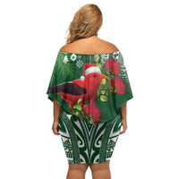 Christmas Hawaii with I'iwi Bird Family Matching Off Shoulder Short Dress and Hawaiian Shirt Aloha Mele Kalikimaka - Green Art LT9 - Polynesian Pride