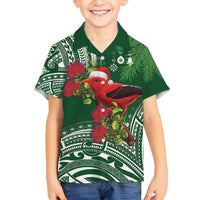 Christmas Hawaii with I'iwi Bird Family Matching Off Shoulder Short Dress and Hawaiian Shirt Aloha Mele Kalikimaka - Green Art LT9 Son's Shirt Green - Polynesian Pride