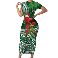 Christmas Hawaii with I'iwi Bird Family Matching Short Sleeve Bodycon Dress and Hawaiian Shirt Aloha Mele Kalikimaka - Green Art LT9 Mom's Dress Green - Polynesian Pride