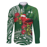 Christmas Hawaii with I'iwi Bird Family Matching Tank Maxi Dress and Hawaiian Shirt Aloha Mele Kalikimaka - Green Art LT9 Dad's Shirt - Long Sleeve Green - Polynesian Pride