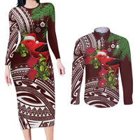 Christmas Hawaii with I'iwi Bird Couples Matching Long Sleeve Bodycon Dress and Long Sleeve Button Shirt Aloha Mele Kalikimaka - Oxblood Art LT9 Oxblood - Polynesian Pride