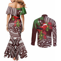 Christmas Hawaii with I'iwi Bird Couples Matching Mermaid Dress and Long Sleeve Button Shirt Aloha Mele Kalikimaka - Oxblood Art LT9 - Polynesian Pride