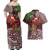 Christmas Hawaii with I'iwi Bird Couples Matching Off Shoulder Maxi Dress and Hawaiian Shirt Aloha Mele Kalikimaka - Oxblood Art LT9 - Polynesian Pride