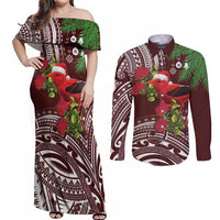 Christmas Hawaii with I'iwi Bird Couples Matching Off Shoulder Maxi Dress and Long Sleeve Button Shirt Aloha Mele Kalikimaka - Oxblood Art LT9 Oxblood - Polynesian Pride