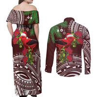 Christmas Hawaii with I'iwi Bird Couples Matching Off Shoulder Maxi Dress and Long Sleeve Button Shirt Aloha Mele Kalikimaka - Oxblood Art LT9 - Polynesian Pride