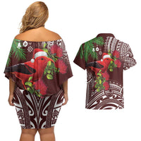 Christmas Hawaii with I'iwi Bird Couples Matching Off Shoulder Short Dress and Hawaiian Shirt Aloha Mele Kalikimaka - Oxblood Art LT9 - Polynesian Pride