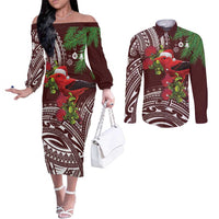 Christmas Hawaii with I'iwi Bird Couples Matching Off The Shoulder Long Sleeve Dress and Long Sleeve Button Shirt Aloha Mele Kalikimaka - Oxblood Art LT9 Oxblood - Polynesian Pride