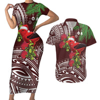 Christmas Hawaii with I'iwi Bird Couples Matching Short Sleeve Bodycon Dress and Hawaiian Shirt Aloha Mele Kalikimaka - Oxblood Art LT9 Oxblood - Polynesian Pride