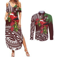 Christmas Hawaii with I'iwi Bird Couples Matching Summer Maxi Dress and Long Sleeve Button Shirt Aloha Mele Kalikimaka - Oxblood Art LT9 Oxblood - Polynesian Pride