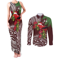 Christmas Hawaii with I'iwi Bird Couples Matching Tank Maxi Dress and Long Sleeve Button Shirt Aloha Mele Kalikimaka - Oxblood Art LT9 Oxblood - Polynesian Pride