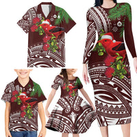 Christmas Hawaii with I'iwi Bird Family Matching Long Sleeve Bodycon Dress and Hawaiian Shirt Aloha Mele Kalikimaka - Oxblood Art LT9 - Polynesian Pride