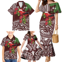 Christmas Hawaii with I'iwi Bird Family Matching Mermaid Dress and Hawaiian Shirt Aloha Mele Kalikimaka - Oxblood Art LT9 - Polynesian Pride