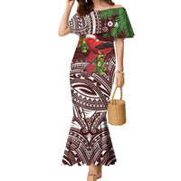 Christmas Hawaii with I'iwi Bird Family Matching Mermaid Dress and Hawaiian Shirt Aloha Mele Kalikimaka - Oxblood Art LT9 Mom's Dress Oxblood - Polynesian Pride