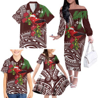 Christmas Hawaii with I'iwi Bird Family Matching Off The Shoulder Long Sleeve Dress and Hawaiian Shirt Aloha Mele Kalikimaka - Oxblood Art LT9 - Polynesian Pride