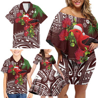 Christmas Hawaii with I'iwi Bird Family Matching Off Shoulder Short Dress and Hawaiian Shirt Aloha Mele Kalikimaka - Oxblood Art LT9 - Polynesian Pride