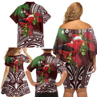 Christmas Hawaii with I'iwi Bird Family Matching Off Shoulder Short Dress and Hawaiian Shirt Aloha Mele Kalikimaka - Oxblood Art LT9 - Polynesian Pride