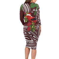 Christmas Hawaii with I'iwi Bird Long Sleeve Bodycon Dress Aloha Mele Kalikimaka - Oxblood Art LT9 - Polynesian Pride