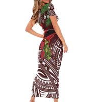 Christmas Hawaii with I'iwi Bird Short Sleeve Bodycon Dress Aloha Mele Kalikimaka - Oxblood Art LT9 - Polynesian Pride