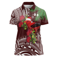 Christmas Hawaii with I'iwi Bird Women Polo Shirt Aloha Mele Kalikimaka - Oxblood Art LT9 Female Oxblood - Polynesian Pride