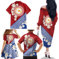 French Polynesia Family Matching Off The Shoulder Long Sleeve Dress and Hawaiian Shirt Tahitian Tiare Flowers Tribal LT9 - Polynesian Pride
