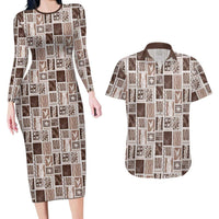 Vintage Aloha Block Quilt Couples Matching Long Sleeve Bodycon Dress and Hawaiian Shirt Beige Inspired Lei Motifs LT9 Beige - Polynesian Pride