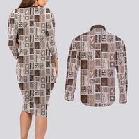 Vintage Aloha Block Quilt Couples Matching Long Sleeve Bodycon Dress and Long Sleeve Button Shirt Beige Inspired Lei Motifs LT9 - Polynesian Pride