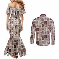 Vintage Aloha Block Quilt Couples Matching Mermaid Dress and Long Sleeve Button Shirt Beige Inspired Lei Motifs - Polynesian Pride