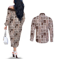 Vintage Aloha Block Quilt Couples Matching Off The Shoulder Long Sleeve Dress and Long Sleeve Button Shirt Beige Inspired Lei Motifs LT9 - Polynesian Pride