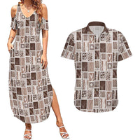 Vintage Aloha Block Quilt Couples Matching Summer Maxi Dress and Hawaiian Shirt Beige Inspired Lei Motifs LT9 Beige - Polynesian Pride