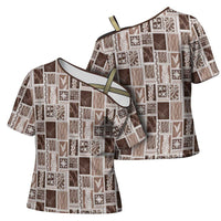 Vintage Aloha Block Quilt Cross Shoulder Shirt Beige Inspired Lei Motifs - Polynesian Pride