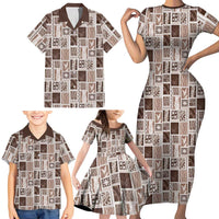 Vintage Aloha Block Quilt Family Matching Short Sleeve Bodycon Dress and Hawaiian Shirt Beige Inspired Lei Motifs LT9 - Polynesian Pride