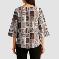 Vintage Aloha Block Quilt Kimono Sleeve Blouse Beige Inspired Lei Motifs - Polynesian Pride
