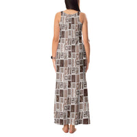 Vintage Aloha Block Quilt Tank Maxi Dress Beige Inspired Lei Motifs - Polynesian Pride
