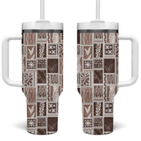 Vintage Aloha Block Quilt Tumbler With Handle Beige Inspired Lei Motifs LT9 One Size: 40 oz Beige - Polynesian Pride