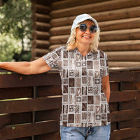 Vintage Aloha Block Quilt Women Polo Shirt Beige Inspired Lei Motifs - Polynesian Pride