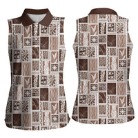 Vintage Aloha Block Quilt Women Sleeveless Polo Shirt Beige Inspired Lei Motifs - Polynesian Pride