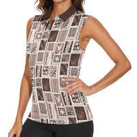 Vintage Aloha Block Quilt Women Sleeveless Polo Shirt Beige Inspired Lei Motifs - Polynesian Pride