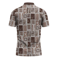 Vintage Aloha Block Quilt Zipper Polo Shirt Beige Inspired Lei Motifs - Polynesian Pride