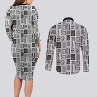 Vintage Aloha Block Quilt Couples Matching Long Sleeve Bodycon Dress and Long Sleeve Button Shirt Black Inspired Lei Motifs LT9 - Polynesian Pride