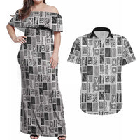 Vintage Aloha Block Quilt Couples Matching Off Shoulder Maxi Dress and Hawaiian Shirt Black Inspired Lei Motifs - Polynesian Pride