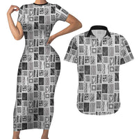 Vintage Aloha Block Quilt Couples Matching Short Sleeve Bodycon Dress and Hawaiian Shirt Black Inspired Lei Motifs LT9 Black - Polynesian Pride