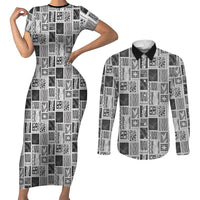 Vintage Aloha Block Quilt Couples Matching Short Sleeve Bodycon Dress and Long Sleeve Button Shirt Black Inspired Lei Motifs LT9 Black - Polynesian Pride