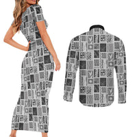 Vintage Aloha Block Quilt Couples Matching Short Sleeve Bodycon Dress and Long Sleeve Button Shirt Black Inspired Lei Motifs LT9 - Polynesian Pride