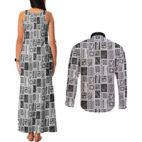 Vintage Aloha Block Quilt Couples Matching Tank Maxi Dress and Long Sleeve Button Shirt Black Inspired Lei Motifs - Polynesian Pride