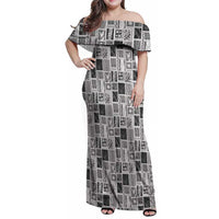 Vintage Aloha Block Quilt Family Matching Off Shoulder Maxi Dress and Hawaiian Shirt Black Inspired Lei Motifs LT9 Mom's Dress Black - Polynesian Pride