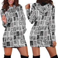 Vintage Aloha Block Quilt Hoodie Dress Black Inspired Lei Motifs - Polynesian Pride